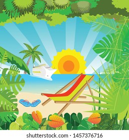 Vector Summer Vacation  vacationer's things on sea coast. Tropical ocean coast, palm trees, blue sky. Design template for banner, flyer, invitation