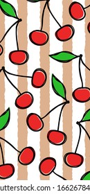 Vector summer vertical background with cherries and striped pattern. Tasty berries drawn in line art and colored in misprint style