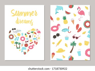 Vector summer vertical card template with palm tree, plane, sunglasses, inflatable rings. Funny vacation or holidays postcard design with cute beach objects. Travel love concept
