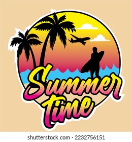 vector Summer vibe logo with coconut tree vector icon, people surf and airplane icon