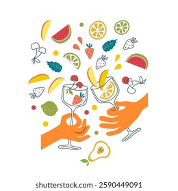 Vector summer vibe poster with a hands holds glasses with a juicy fruits and berries. Fresh ripe season harvest. Print with healthy food in a flat style. Cherry, strawberry, lemon and mango wedges.