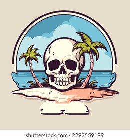 Calavera de vibración de verano vectorial con ilustración de icono de fondo de playa