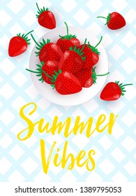 Vector Summer Vibes typography poster with ripe strawberries. Calligraphic inspirational quote poster on blue checkered tablecloth backdrop. Cute Summer poster with fresh strawberry in cartoon style.