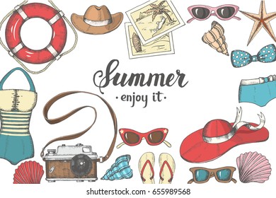 Vector Summer vintage background with hand drawn summer objects and symbols. Sketch, lettering. Banner, flyer, brochure. Advertising