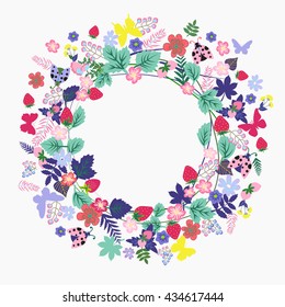  Vector summer Vintage Round frame with flower, butterfly, ladybug with place for your text - Illustration. Floral romantic design, decoration, greeting cards, posters, invitations, advertisement.