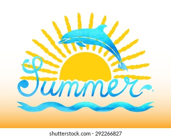 Vector summer watercolor illustration with sun and dolphin 