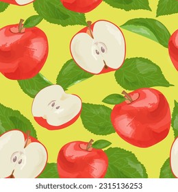 Huella acuática de verano vectorial con manzanas y hojas. Patrón de textura sin foco.