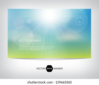 Vector summer web banner, business card or flyer design.  Soft blurry background with photographic bokeh effect, lens flare and bright sun. Smooth unfocused film effect. Beautiful day outdoors.
