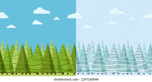 Vector summer and winter nature seamless border for design template. Beautiful landscape background with spruces, sky, clouds in cartoon flat style. Vector nature scene illustration.