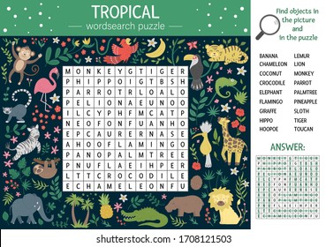 Vector summer wordsearch puzzle for kids. Keyword with tropical animals and birds for children. Educational jungle crossword activity with cute funny characters
