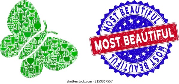 Vector summerbird icon wine composition and grunge bicolor Most Beautiful seal stamp. Red and blue bicolored stamp with rubber style and Most Beautiful slogan.