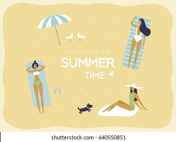 Vector summertime cartoon illustration. Girls in bikini sunbath, relax and having good time on the beach. Trendy design. Place for your text. Top view, bird's-eye