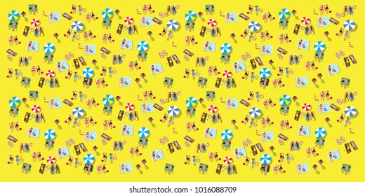 Vector summertime cartoon illustration. People on the beach
