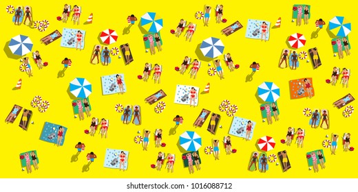 Vector summertime cartoon illustration. People on the beach