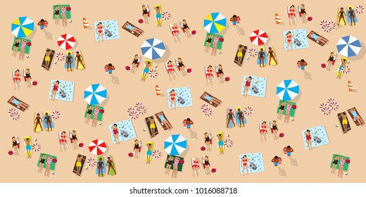 Vector summertime cartoon illustration. People on the beach