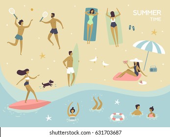 Vector summertime cartoon illustration. People on the beach. Surfer girl on surfboard, surfer boy, people play in tennis, swimming, girls sunbath 