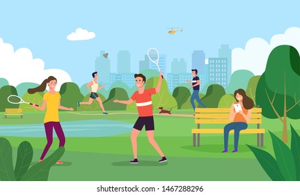 Vector summertime flat illustration. Happy people in the city park. 