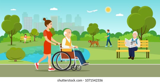 Vector summertime flat illustration. People in the park.