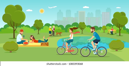 Vector summertime flat illustration. People in the park. Big set.