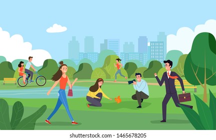 Vector summertime flat illustration. People in the city park. 