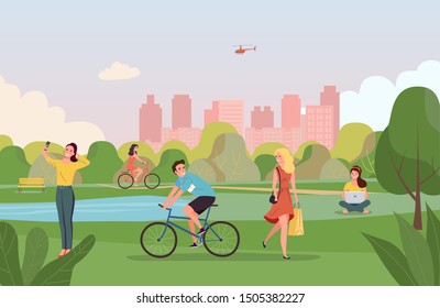 Vector summertime flat style illustration. People in the park. 