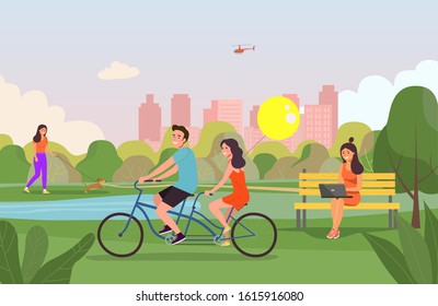 Ilustración de estilo plano de verano de Vector. Personas en el parque. 