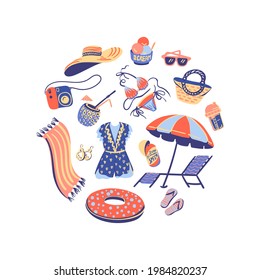 Vector summertime handdrawn clipart. Hand drawn summer beach related objects white background. Circle composition. Vacation, romper, bikini swimsuit, swim ring, deck chair, glasses, pineapple cocktail