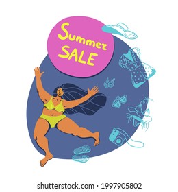 Vector summertime handdrawn summer sale banner. Hand drawn bright curvy happy girl with a season discount announcement. Social media sticker. Isolated elements. Beach related outline apparel items.