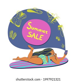 Vector summertime handdrawn summer sale banner. Hand drawn curvy girl on a surfboard with a season discount announcement. Social media sticker. Isolated elements. Beach related outline apparel items.