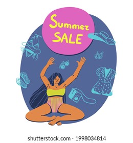 Vector summertime handdrawn summer sale banner for marketplace. Hand drawn curvy girl in a yoga pose with announcement of season discount. Social media sticker. Beach related outline apparel items.