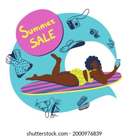 Vector summertime handdrawn summer sale banner. Hand drawn curvy African American girl in bikini on a surfboard with a season discount announcement. Social media template. Body positive attitude.