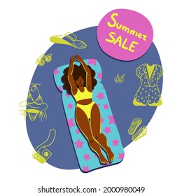 Vector summertime handdrawn summer sale banner. Hand drawn curvy African American girl in bikini on a pool raft with a season discount announcement. Social media template. Body positive attitude.