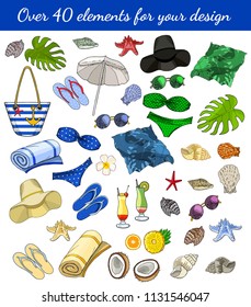 Vector summertime illustration set of beach accessories isolated on white background