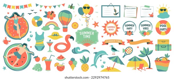 Vector summertime set with summer element. Doodle cartoon illustration