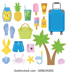 Vector summertime set with summer items: palm tree, swimsuit, beach attributes, lemonade. Collection of elements on the theme of the beach, summer vacation. Suitable for stickers, scrapbooking.