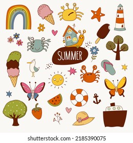 Vector summertime set with summer items: ice cream, butterfly, crab, sun, ship, watermelon, flower, lighthouse, anchor, tree, apple, rainbow. Doodle cartoon illustration