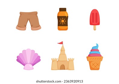 Vector summertime set with summer items: umbrella, snorkeling mask and snorkel, travel car, surfboard, slippers, ice cream, ukulele, exotic fruits. Doodle cartoon illustration