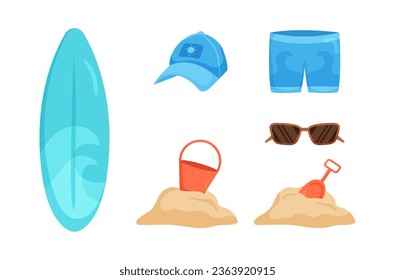 Vector summertime set with summer items: umbrella, snorkeling mask and snorkel, travel car, surfboard, slippers, ice cream, ukulele, exotic fruits. Doodle cartoon illustration