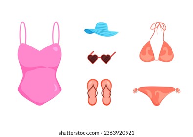 Vector summertime set with summer items: umbrella, snorkeling mask and snorkel, travel car, surfboard, slippers, ice cream, ukulele, exotic fruits. Doodle cartoon illustration