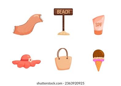 Vector summertime set with summer items: umbrella, snorkeling mask and snorkel, travel car, surfboard, slippers, ice cream, ukulele, exotic fruits. Doodle cartoon illustration