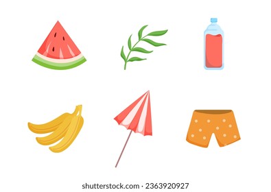 Vector summertime set with summer items: umbrella, snorkeling mask and snorkel, travel car, surfboard, slippers, ice cream, ukulele, exotic fruits. Doodle cartoon illustration