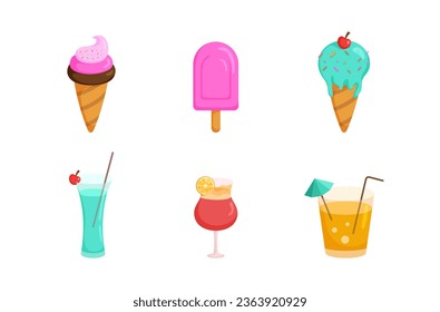 Vector summertime set with summer items: umbrella, snorkeling mask and snorkel, travel car, surfboard, slippers, ice cream, ukulele, exotic fruits. Doodle cartoon illustration