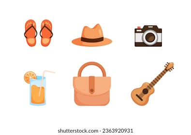 Vector summertime set with summer items: umbrella, snorkeling mask and snorkel, travel car, surfboard, slippers, ice cream, ukulele, exotic fruits. Doodle cartoon illustration