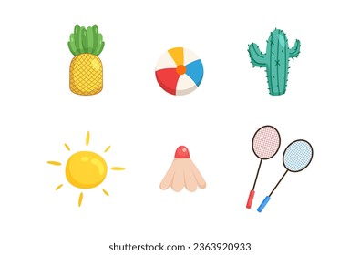 Vector summertime set with summer items: umbrella, snorkeling mask and snorkel, travel car, surfboard, slippers, ice cream, ukulele, exotic fruits. Doodle cartoon illustration