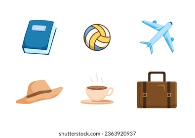 Vector summertime set with summer items: umbrella, snorkeling mask and snorkel, travel car, surfboard, slippers, ice cream, ukulele, exotic fruits. Doodle cartoon illustration