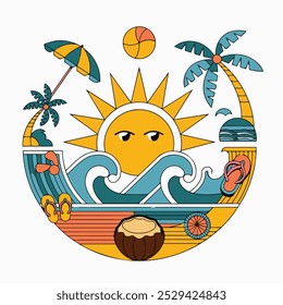 Vector summertime set with summer items: umbrella, sun, coconut tree, coconut, snorkeling mask and snorkel,  surfboard, slippers,,, exotic fruits, rainbow and lettering. Doodle cartoon illustration