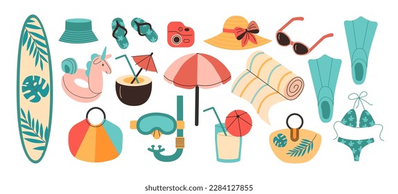 Vector summertime set with zummer accessories fins, surfboard, snorkeling mask, swimwear, slippers, umbrella.