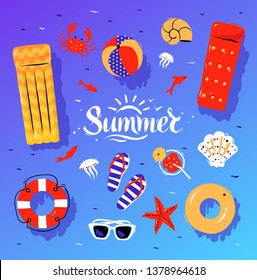 Vector summertime top view illustrations set with Summer word lettering on blue and violet water background.