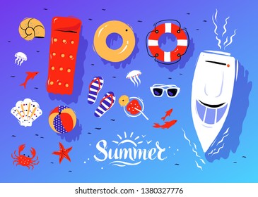 Vector summertime top view illustrations set with Summer word lettering on blue and violet water background.