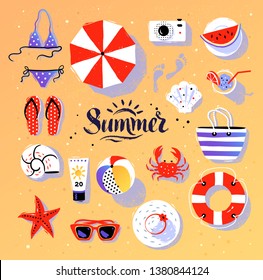Vector summertime top view illustrations set with Summer word lettering on beach sand background.